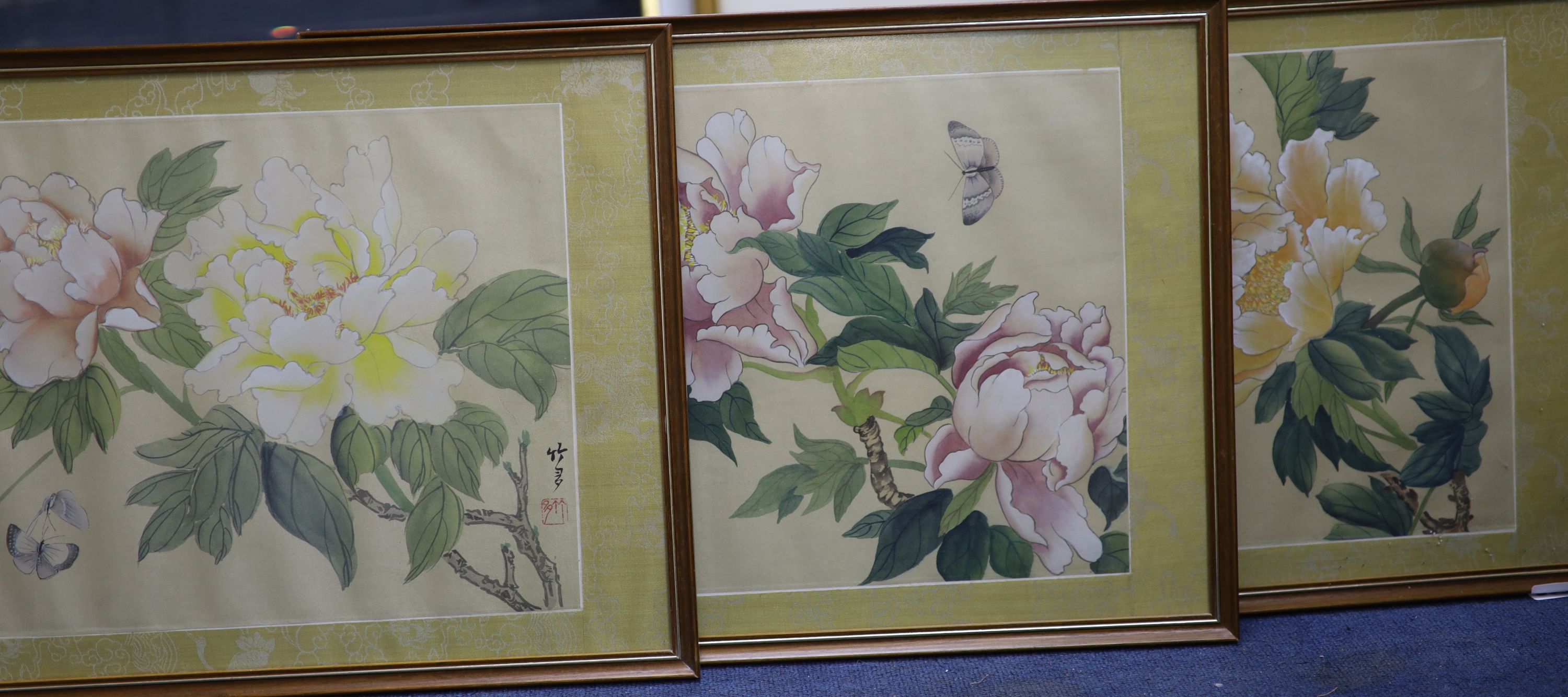 Chinese School, three watercolours on silk, Studies of flowers and butterflies, 28 x 38cm